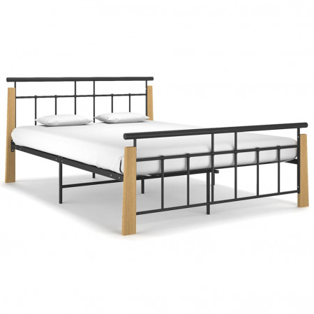 Cadru de pat,140x200 cm, metal și lemn masiv de stejar - Img 1