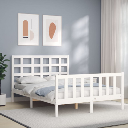 Cadru de pat cu tăblie, dublu, alb, lemn masiv - Img 1