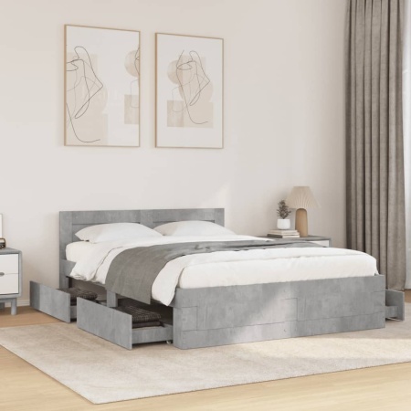 Cadru de pat cu tăblie gri beton 120x200 cm lemn prelucrat