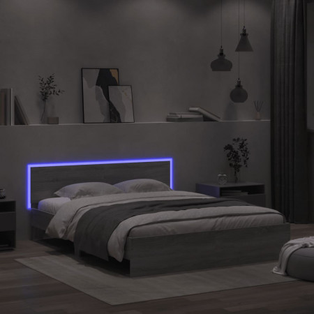 Cadru de pat cu tăblie și LED, gri sonoma, 160x200 cm