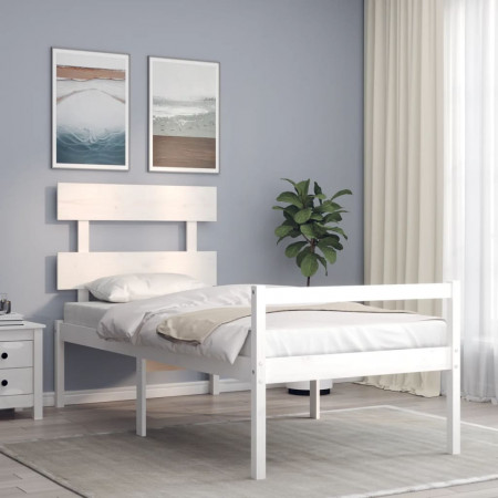 Cadru de pat senior cu tăblie, 90x200 cm, alb, lemn masiv