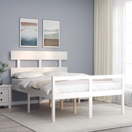 Cadru de pat senior cu tăblie dublu mic, alb, lemn masiv