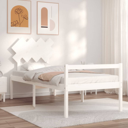 Cadru de pat senior cu tăblie single, alb, lemn masiv