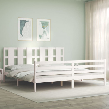 Cadru pat cu tăblie 200x200 cm, alb, lemn masiv