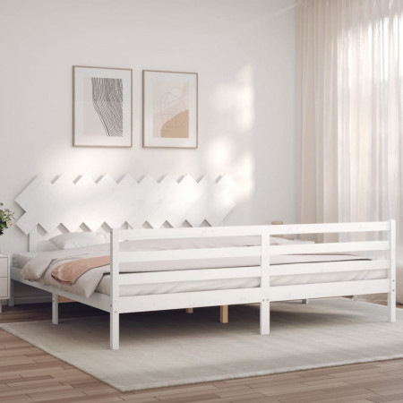 Cadru pat cu tăblie 200x200 cm, alb, lemn masiv