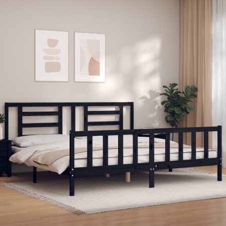 Cadru pat cu tăblie 200x200 cm, negru, lemn masiv - Img 1
