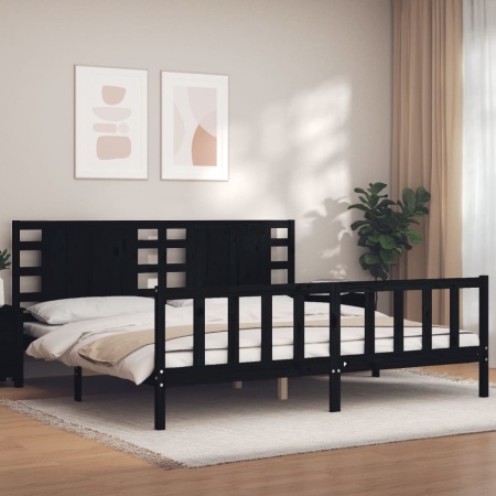 Cadru pat cu tăblie 200x200 cm, negru, lemn masiv