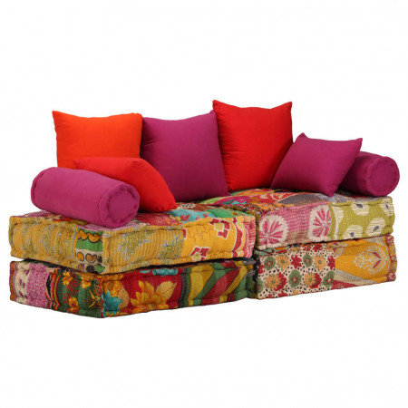 Canapea puf modulară cu 2 locuri, petice, material textil
