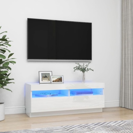 Comodă TV cu lumini LED, alb extralucios, 100x35x40 cm