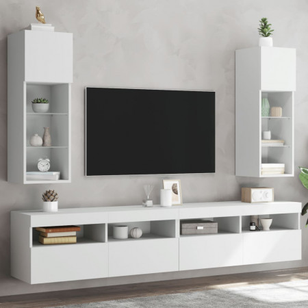 Comode TV cu lumini LED, 2 buc., alb, 30,5x30x90 cm - Img 1
