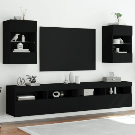 Comode TV de perete cu lumini LED, 2 buc., negru, 40x30x60,5 cm