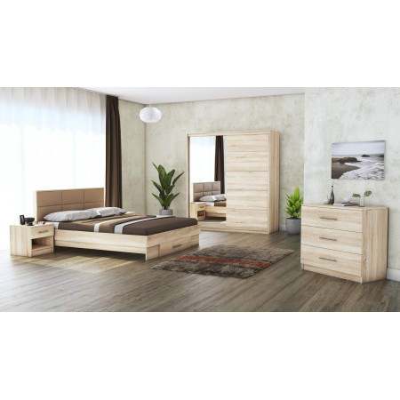Dormitor Solano, sonoma, dulap 183 cm, pat cu tablie tapitata camel 140×200 cm, 2 noptiere, comoda - Img 1