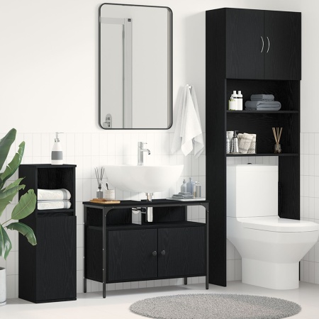Dulap pentru chiuvetă de baie Negru Stejar 80x30x60 cm Lemn stratificat