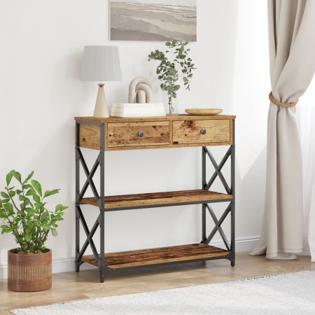 Masă consolă, lemn vechi, 75x28x75 cm, lemn prelucrat și oțel