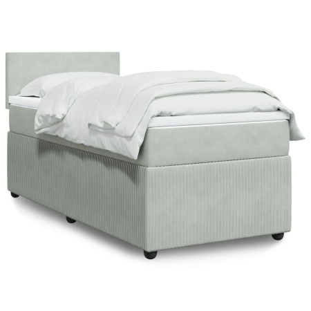 Pat box spring cu saltea, gri deschis, 90x190 cm, catifea