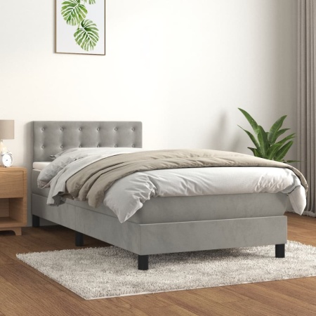 Pat box spring cu saltea, gri deschis, 90x200 cm, catifea