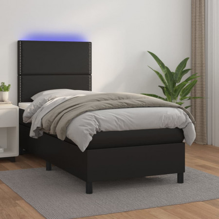 Pat cu arcuri, cu saltea și LED, negru, 90x200 cm, piele eco