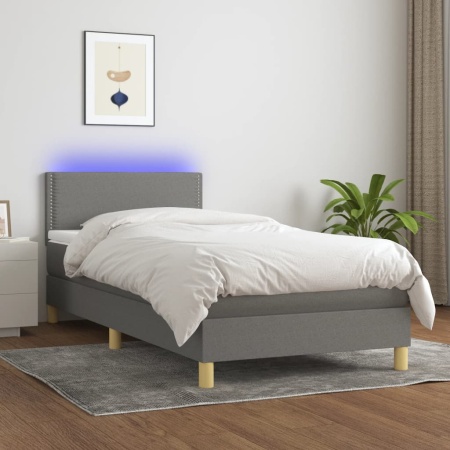 Pat cu arcuri, saltea și LED, gri închis, 80x200 cm, textil