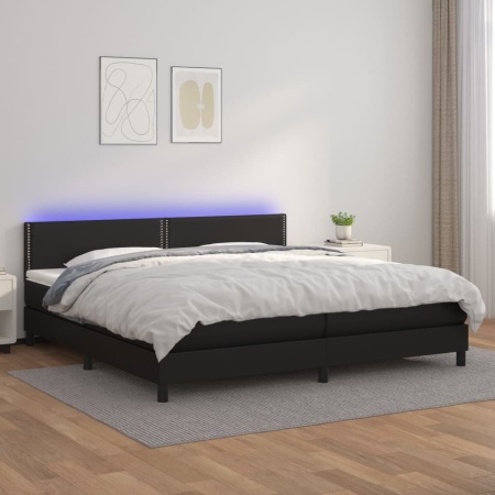 Pat cu arcuri, saltea și LED, negru, 200x200cm, piele ecologică