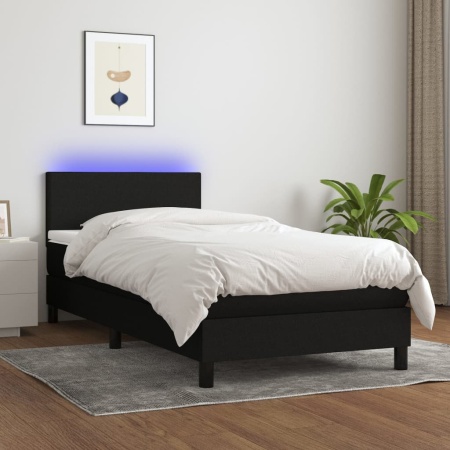 Pat cu arcuri, saltea și LED, negru, 90x200 cm, textil - Img 1