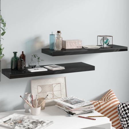 Rafturi de perete 2 buc., negru extralucios, 80x23,5x3,8 cm MDF