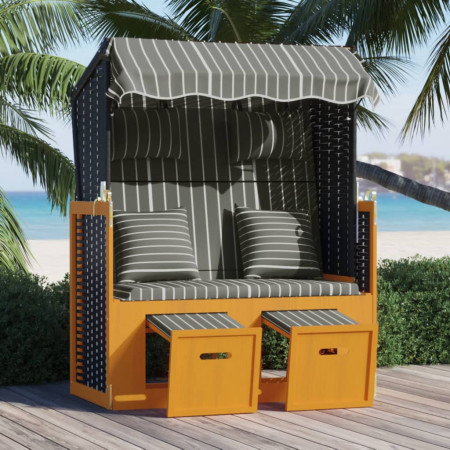 Scaun de plajă cu perne,negru&gri, poliratan și lemn masiv