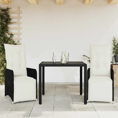 Set bistro de grădină cu perne, 3 piese, negru, poliratan - Img 1