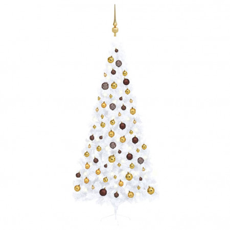 Set brad Crăciun artificial jumătate cu LED&globuri alb 240 cm