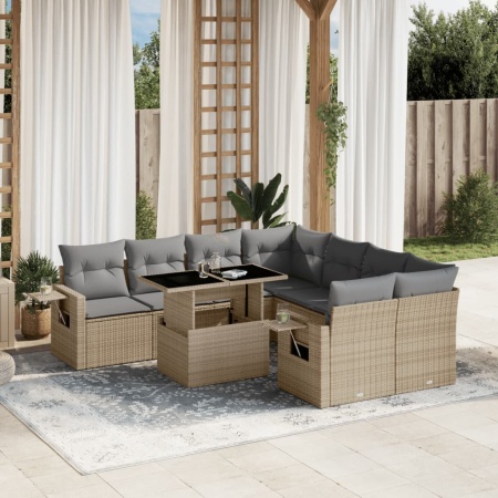 Set canapele de grădină, 9 piese, cu perne, bej, poliratan