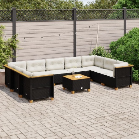 Set canapele de grădină cu perne, 10 piese, negru, poliratan