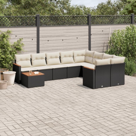 Set canapele de grădină cu perne, 10 piese, negru, poliratan