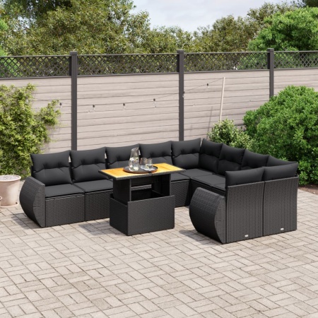Set canapele de grădină cu perne, 10 piese, negru, poliratan