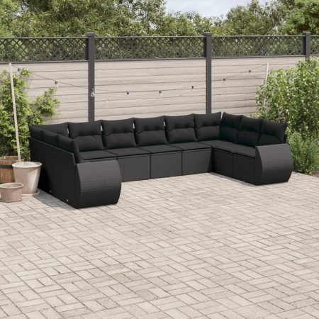 Set canapele de grădină cu perne, 10 piese, negru, poliratan