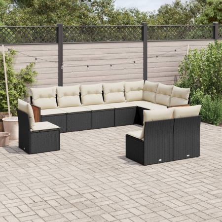 Set canapele de grădină cu perne, 10 piese, negru, poliratan