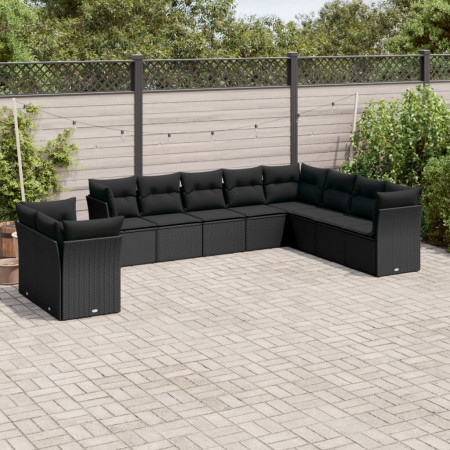 Set canapele de grădină cu perne, 10 piese, negru, poliratan