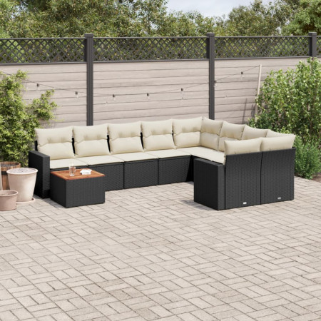 Set canapele de grădină cu perne, 10 piese, negru, poliratan