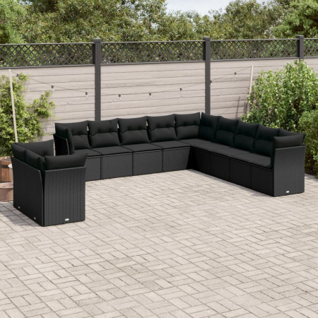 Set canapele de grădină cu perne, 11 piese, negru, poliratan