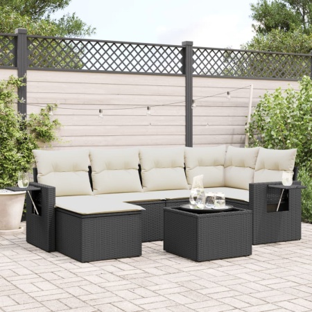 Set canapele de grădină cu perne, 7 piese, negru, poliratan