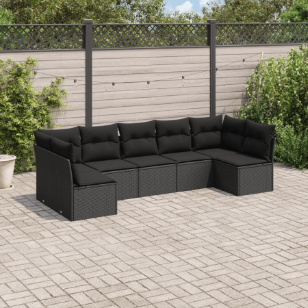 Set canapele de grădină cu perne, 7 piese, negru, poliratan