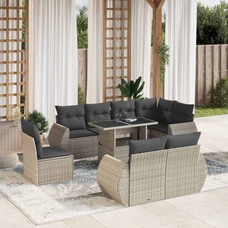 Set canapele de grădină cu perne, 9 piese gri deschis poliratan