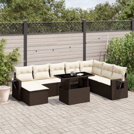 Set canapele de grădină cu perne, 9 piese, maro, poliratan