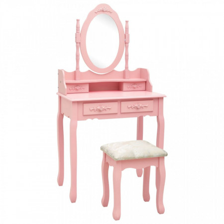 Set masă de toaletă cu taburet roz 75x69x140 cm lemn paulownia - Img 1