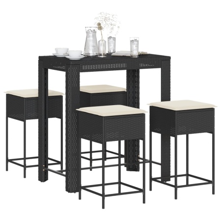 Set mobilier bar de grădină cu perne, 5 piese, negru, poliratan