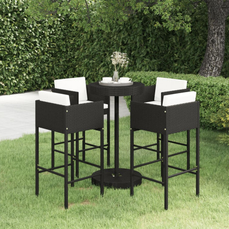 Set mobilier bar de grădină cu perne, 5 piese, negru, poliratan - Img 1