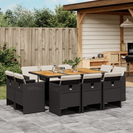 Set mobilier de exterior cu perne, 11 piese, negru, poliratan