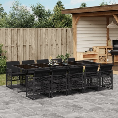 Set mobilier de exterior cu perne, 11 piese, negru, poliratan