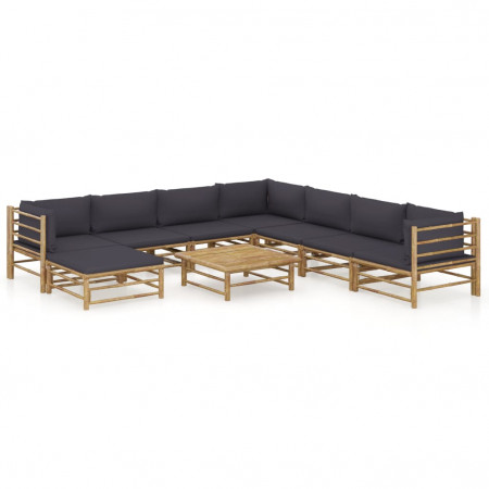 Set mobilier de grădină, 9 piese, perne gri închis, bambus