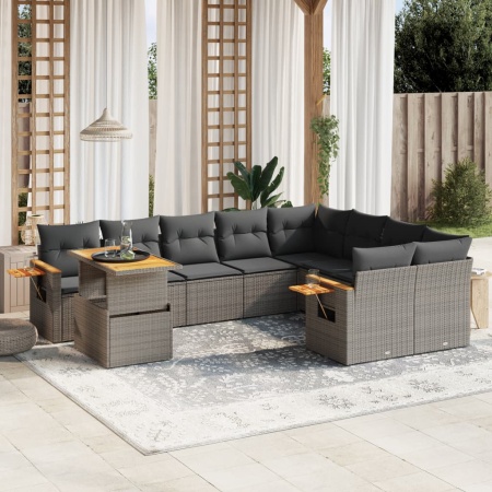 Set mobilier de grădină cu perne, 10 piese, gri, poliratan