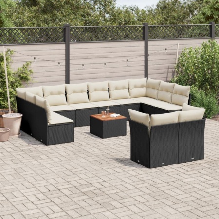 Set mobilier de grădină cu perne, 13 piese, negru, poliratan