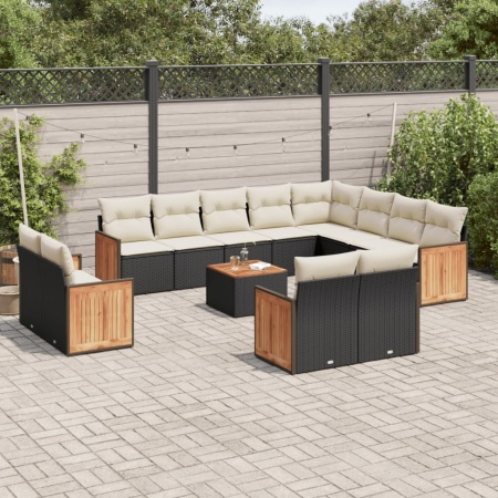 Set mobilier de grădină cu perne, 13 piese, negru, poliratan